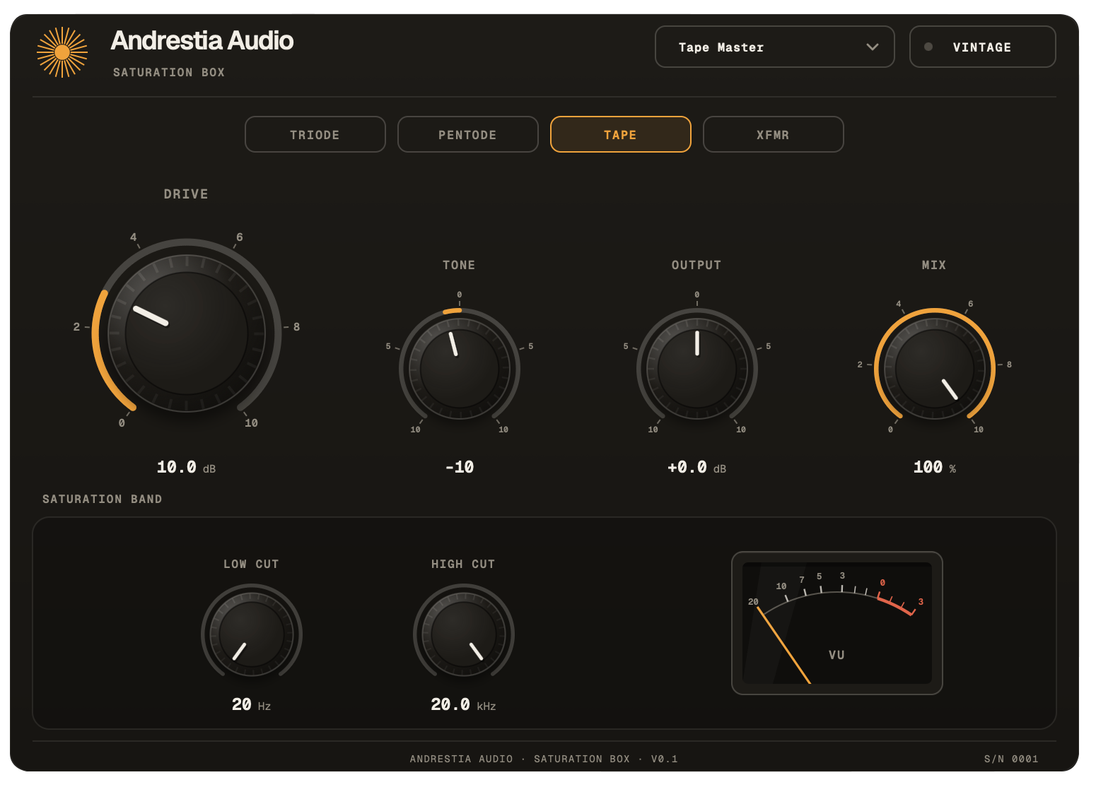 Saturation Box plugin interface: Triode, Pentode, Tape, and XFMR models, Drive, Tone, Output, and Mix knobs, a saturation band with low and high cut, and a VU meter